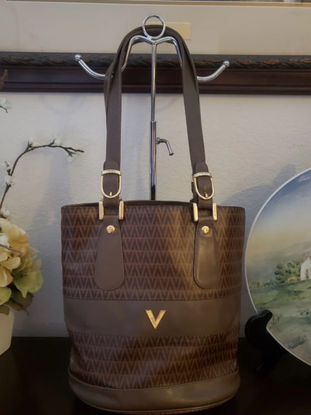 Valentino Brown Tote with Gold V Accent